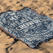 Woven Christian blanket with the phrase "Make Heaven Crowded" and a simple floral design, made of 100% cotton with fringed edges; perfect faith-based gift or home decor.