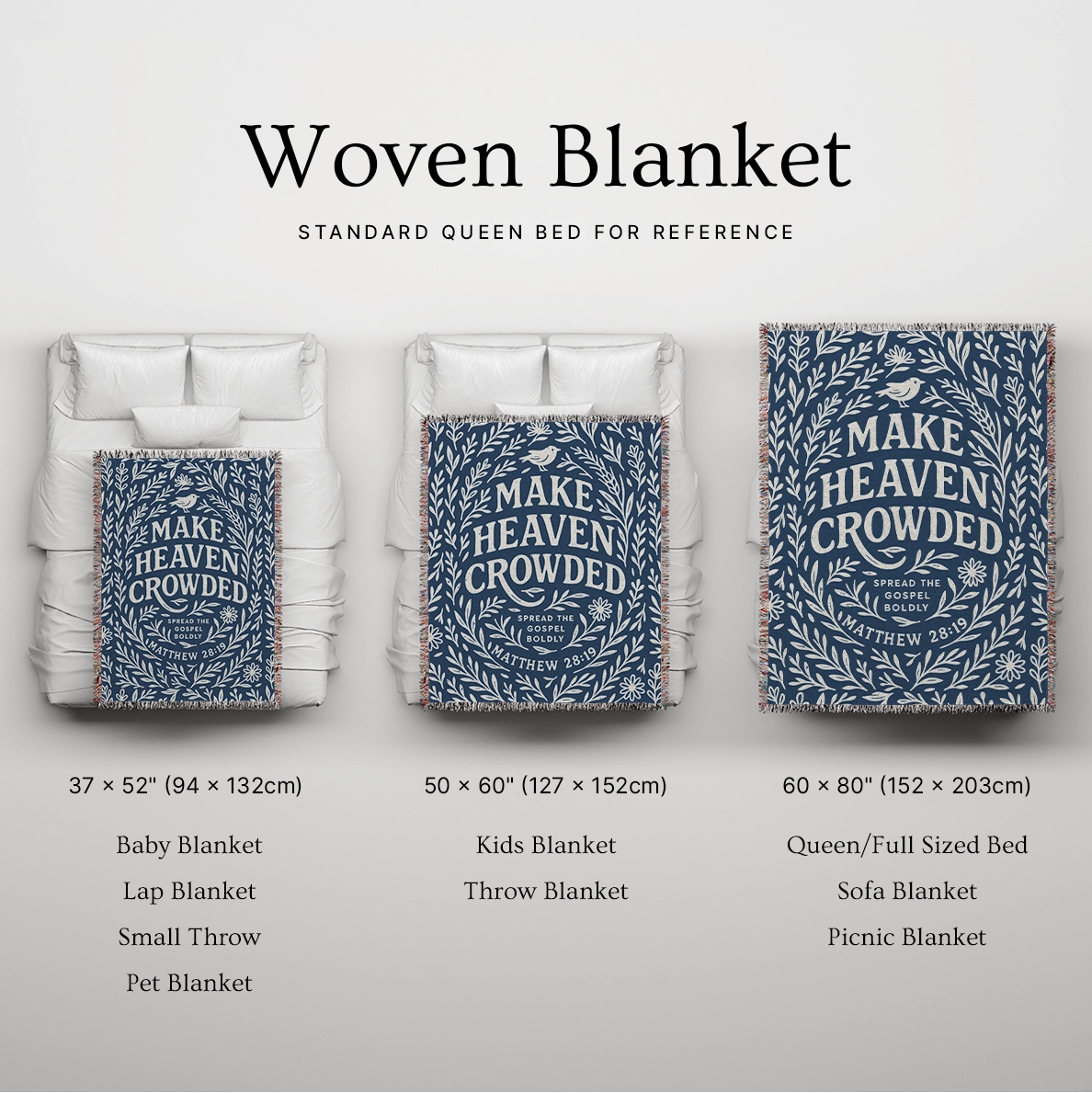 Woven Christian blanket with the phrase "Make Heaven Crowded" and a simple floral design, made of 100% cotton with fringed edges; perfect faith-based gift or home decor.