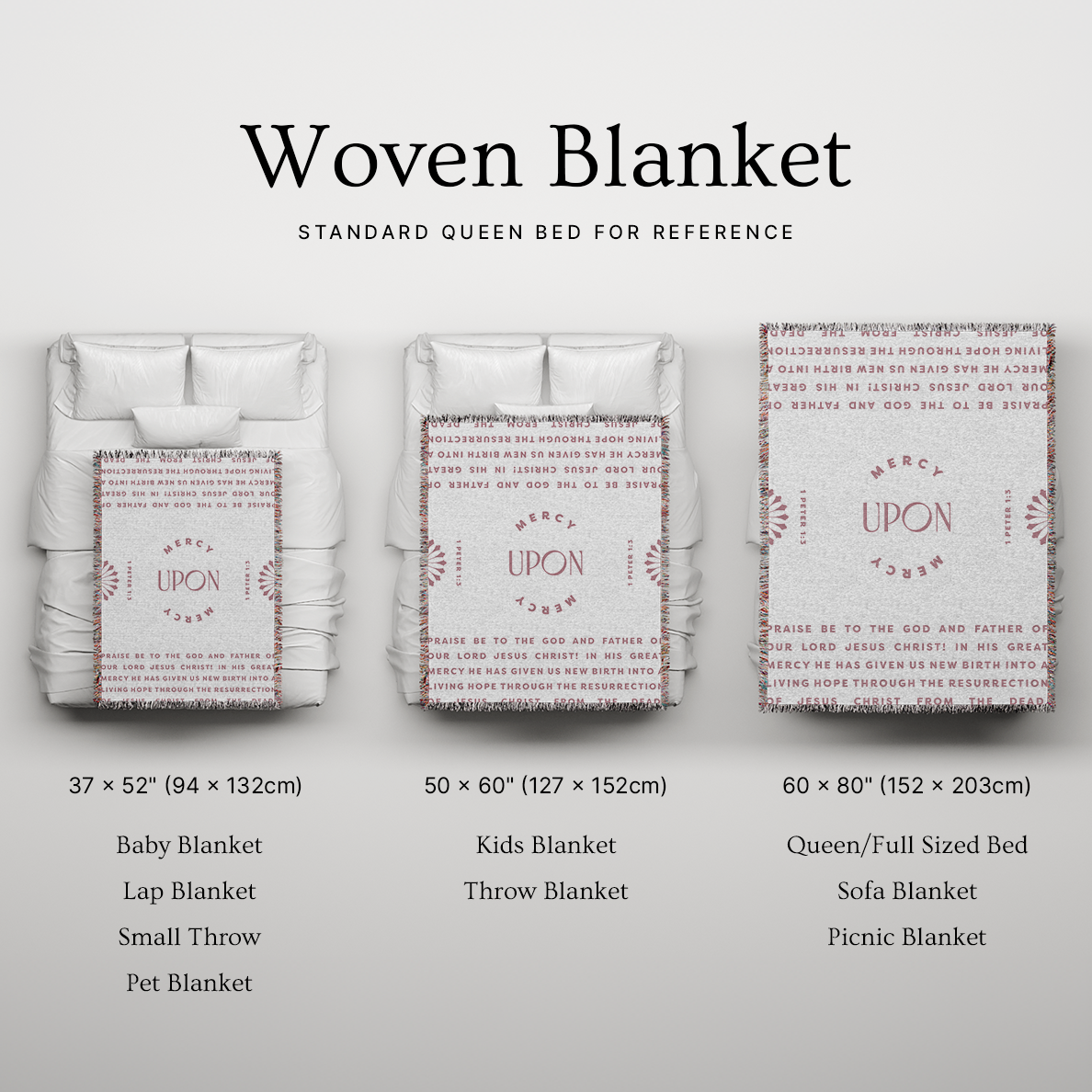 Woven blanket with size chart on a light gray background