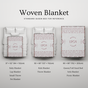 Woven blanket with size chart on a light gray background