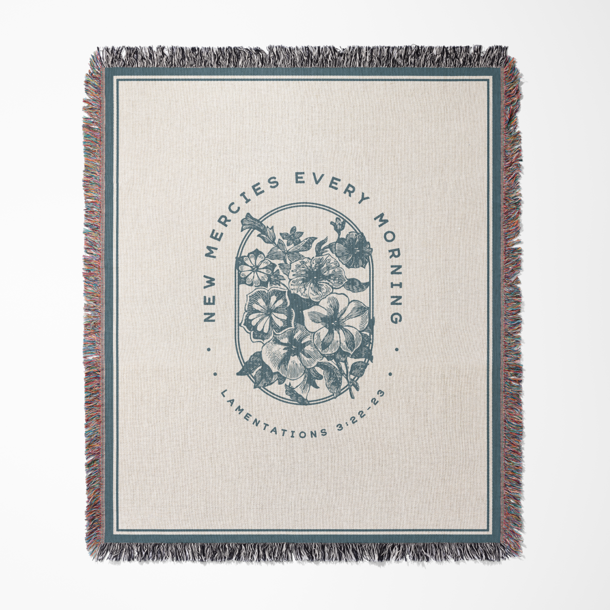 Blanket with floral design and text on a white background