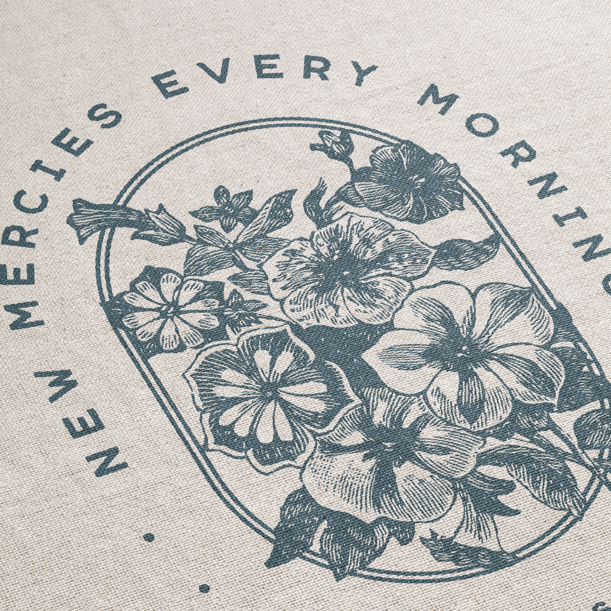 Decorative design with floral elements and text 'New Mercies Every Morning' on a beige background