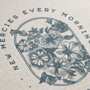 Decorative design with floral elements and text 'New Mercies Every Morning' on a beige background