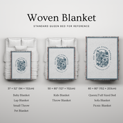 Woven blanket with size reference on a white background