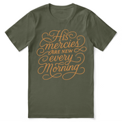 Christian t-shirt with the phrase “New Mercies” inspired by Lamentations 3:23; unisex faith tee celebrating God’s daily grace and fresh beginnings.