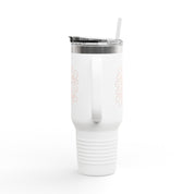 40oz insulated stainless steel travel mug with the phrase “His mercies are new every morning” in elegant script; Christian tumbler with straw and lid, perfect gift for women.