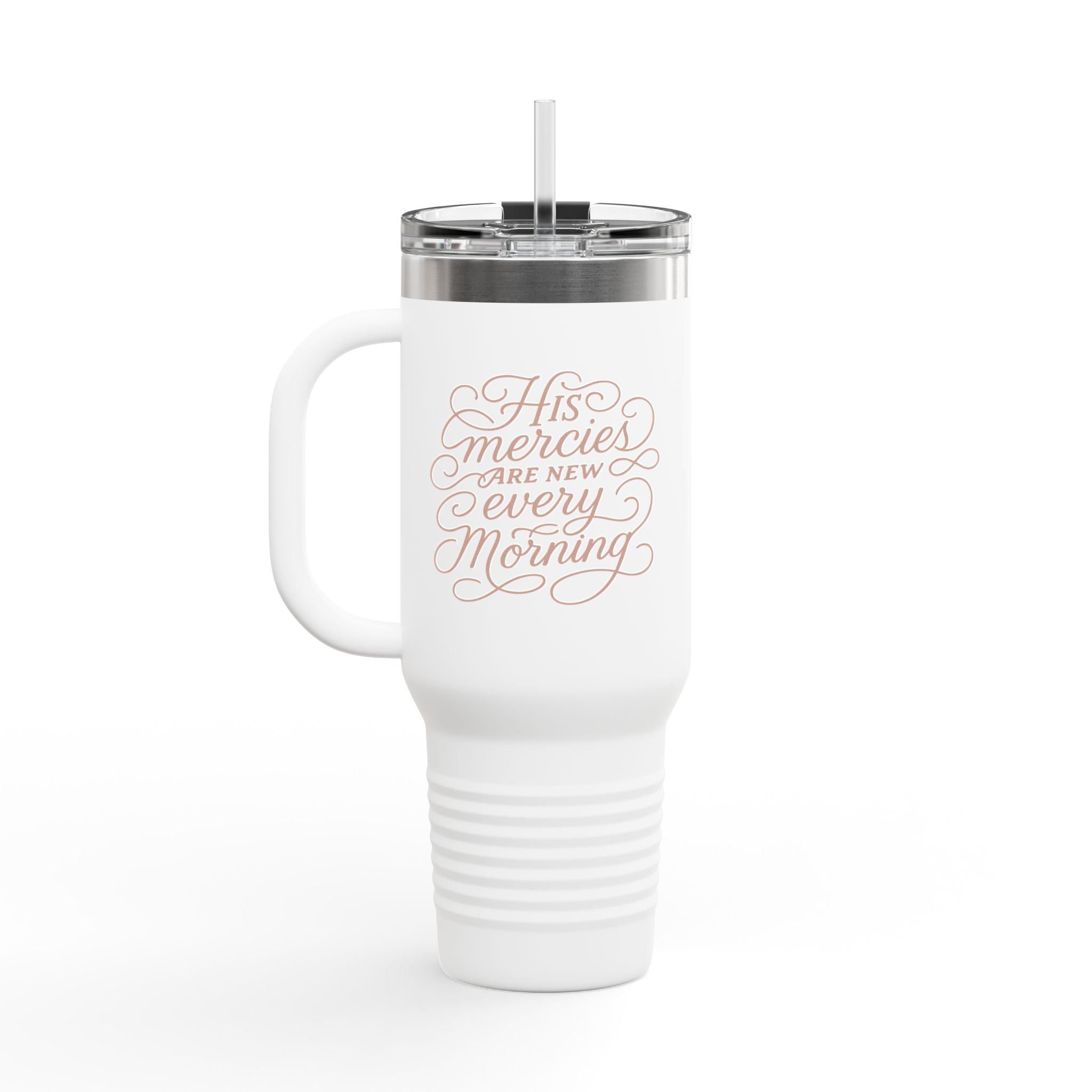 40oz insulated stainless steel travel mug with the phrase “His mercies are new every morning” in elegant script; Christian tumbler with straw and lid, perfect gift for women.