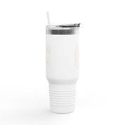 40oz insulated stainless steel travel mug with the phrase “His mercies are new every morning” in elegant script; Christian tumbler with straw and lid, perfect gift for women.