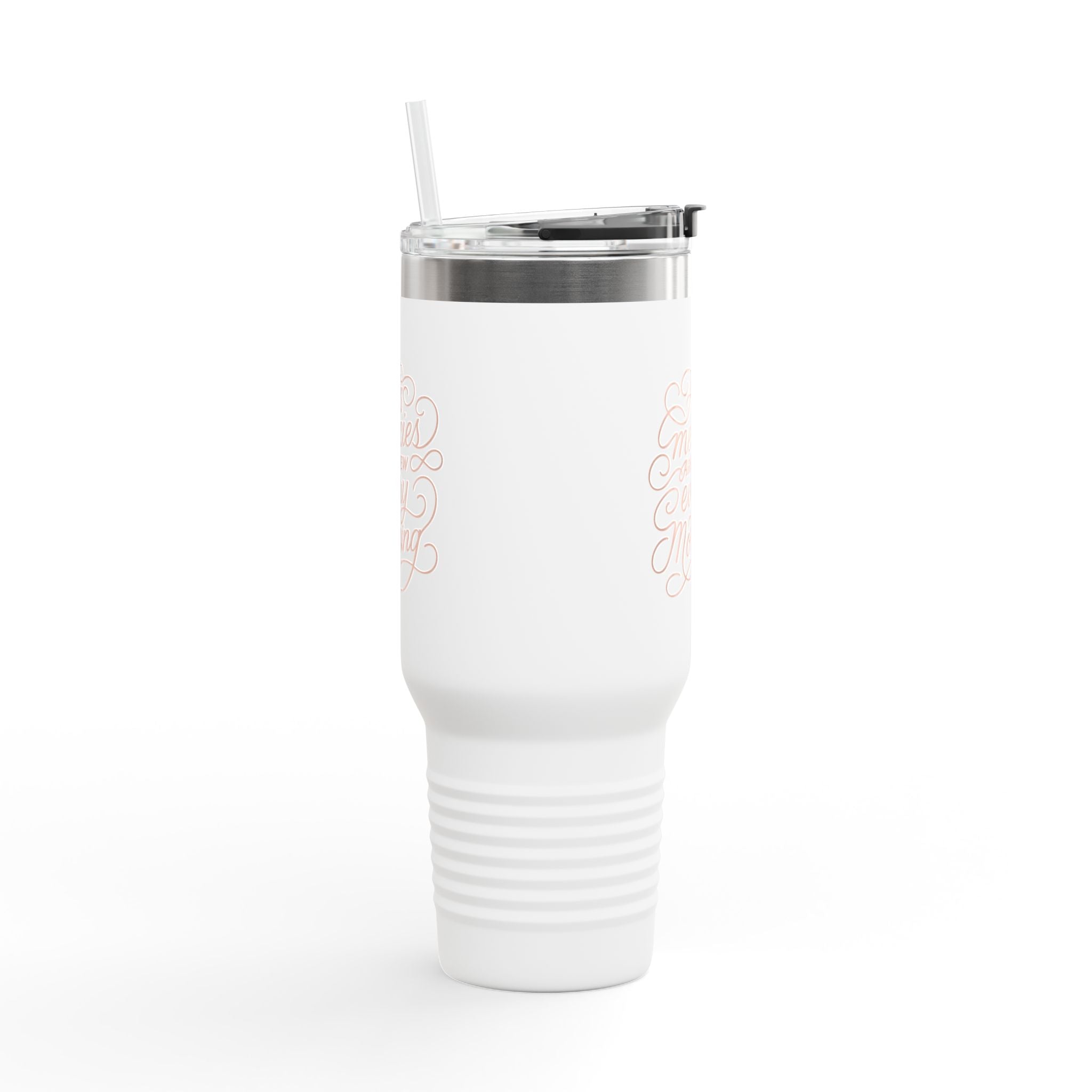 40oz insulated stainless steel travel mug with the phrase “His mercies are new every morning” in elegant script; Christian tumbler with straw and lid, perfect gift for women.