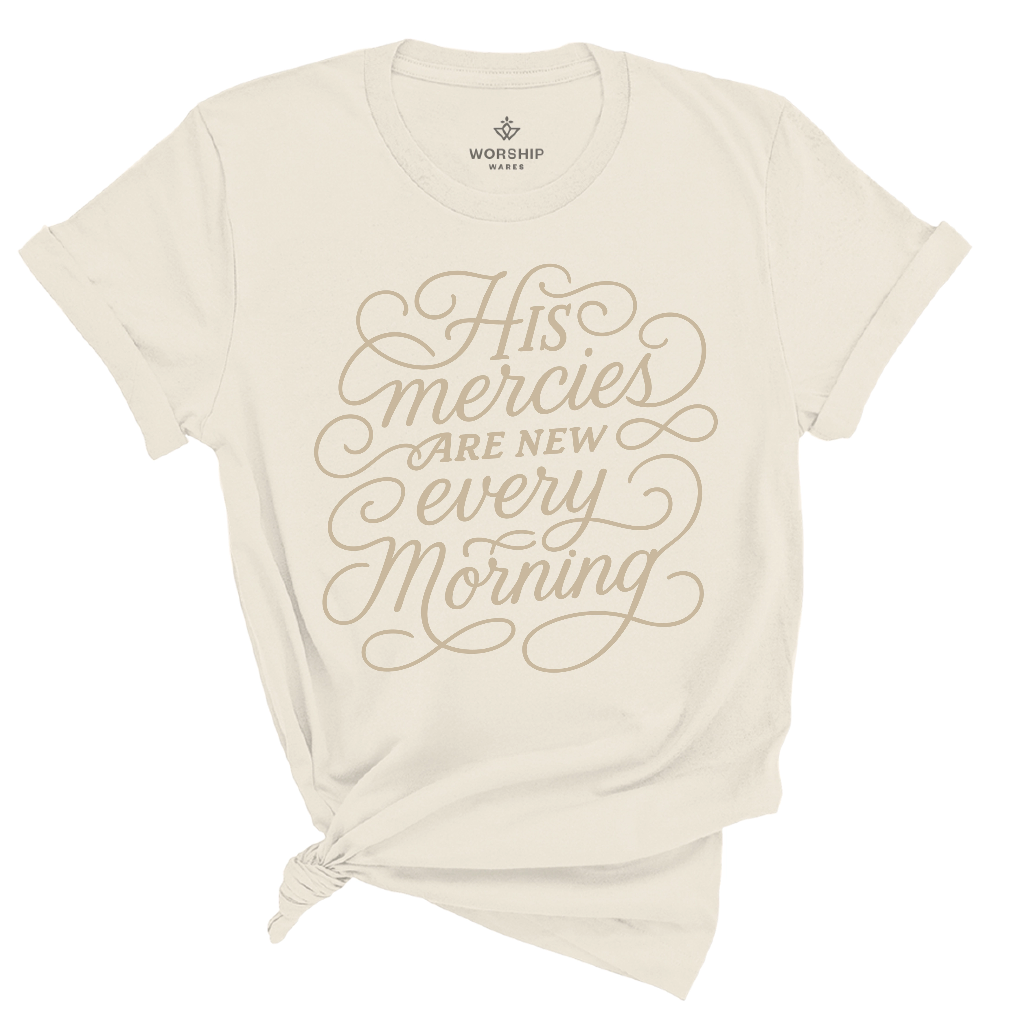 Christian t-shirt with hand-lettered “His mercies are new every morning” text; soft unisex cotton shirt inspired by Lamentations 3:23, perfect for faith-filled daily wear.