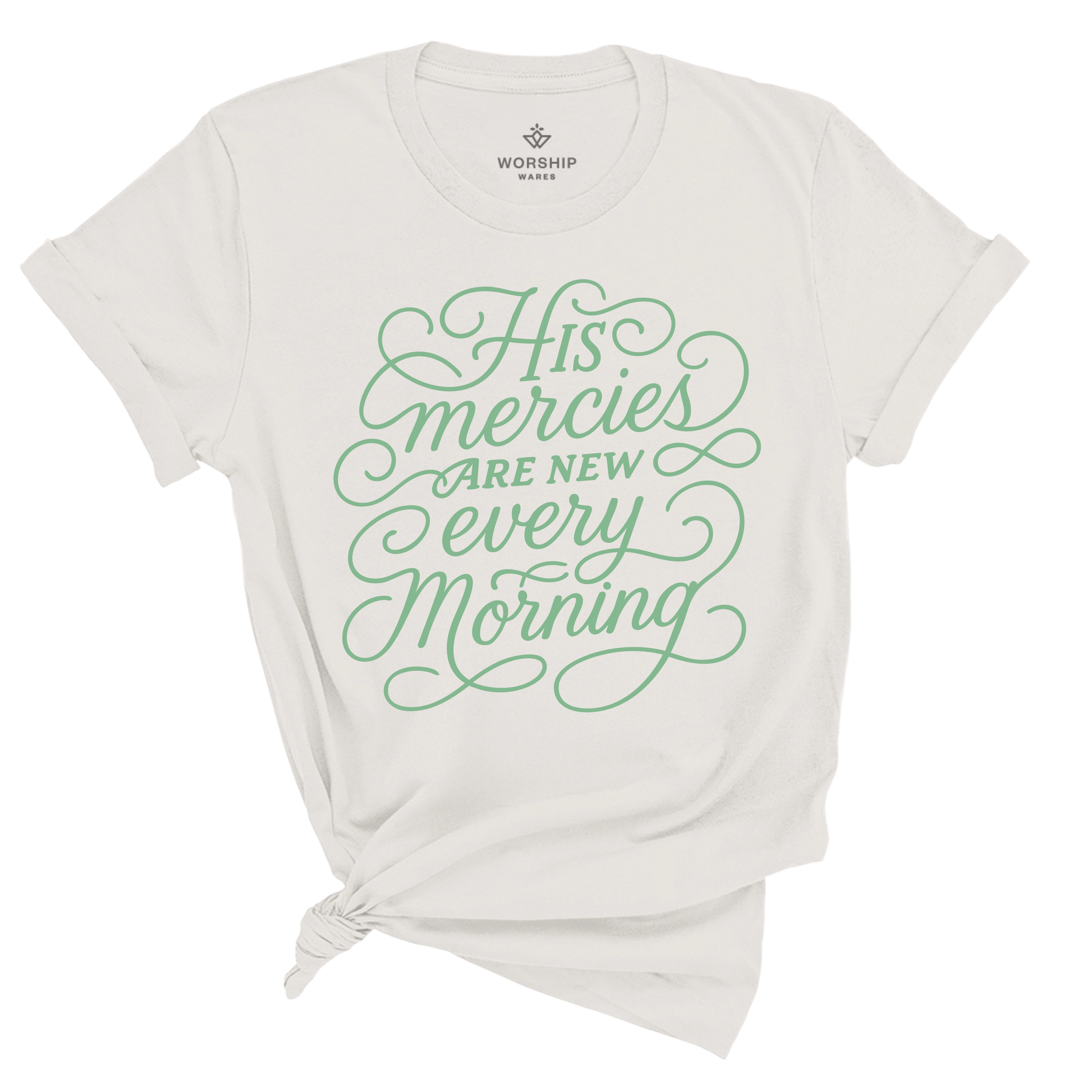 Christian t-shirt with hand-lettered “His mercies are new every morning” text; soft unisex cotton shirt inspired by Lamentations 3:23, perfect for faith-filled daily wear.