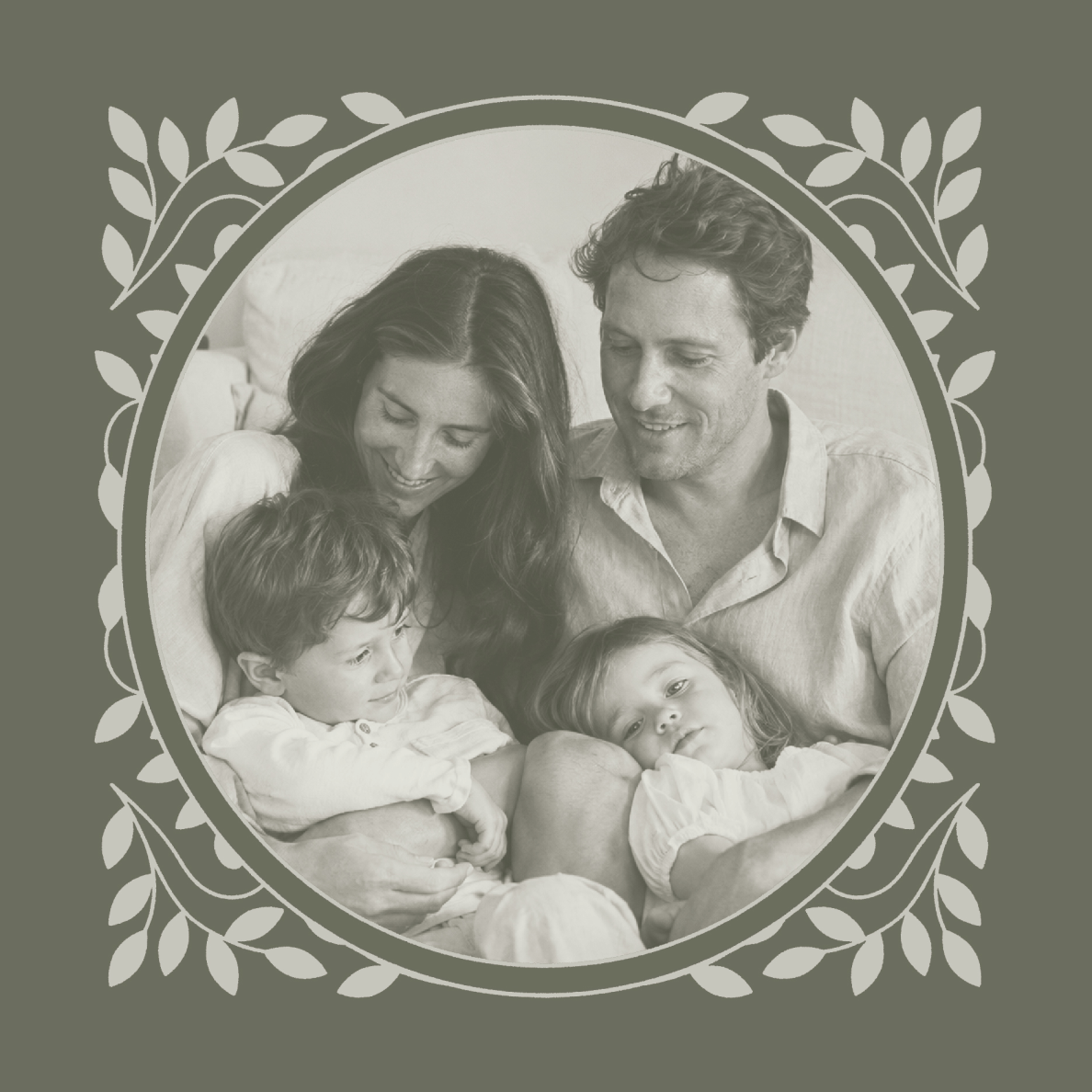 Family photo with two children framed by decorative leaves on a solid background