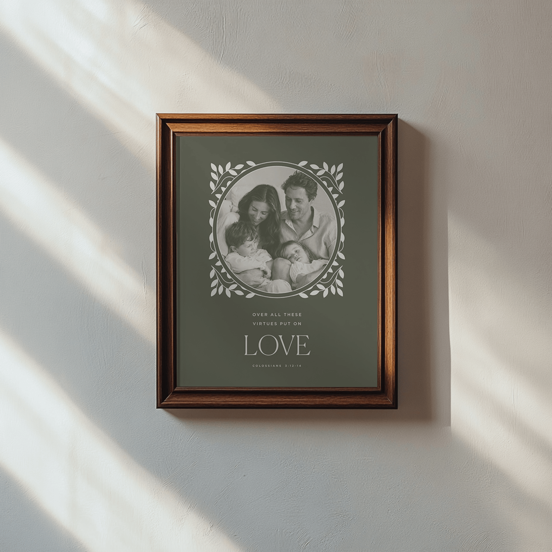 Framed artwork with a couple and dog on a gray background