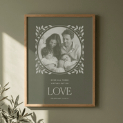 Framed family photo with motivational quote on a green wall