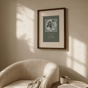 Framed family photo with 'LOVE' text on a wall with sunlight casting shadows.