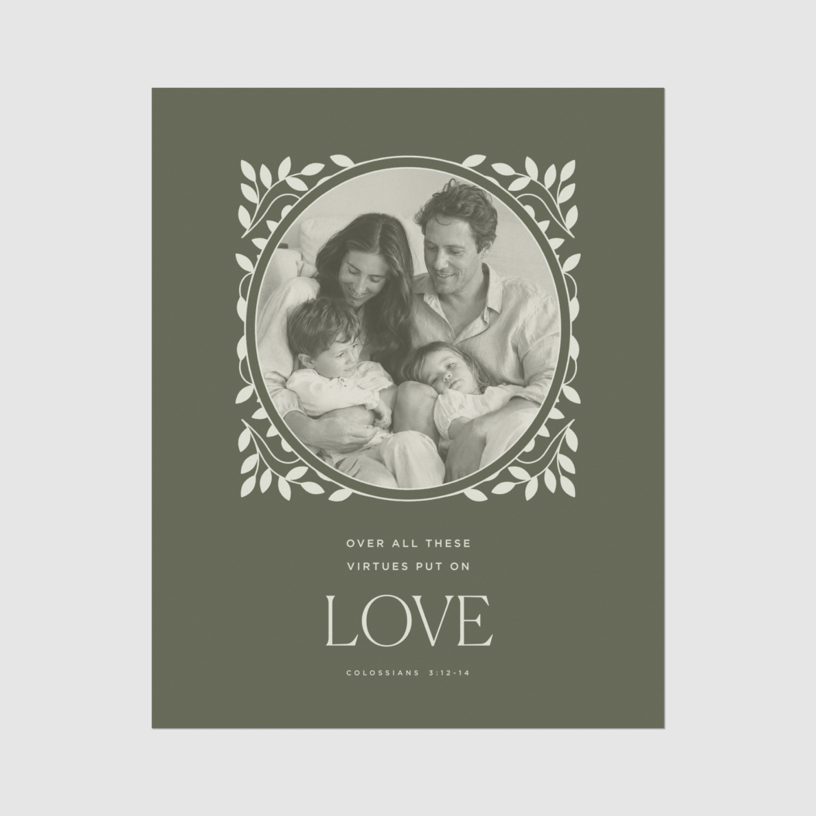 Family photo in an oval frame with decorative leaves on a green background with text.
