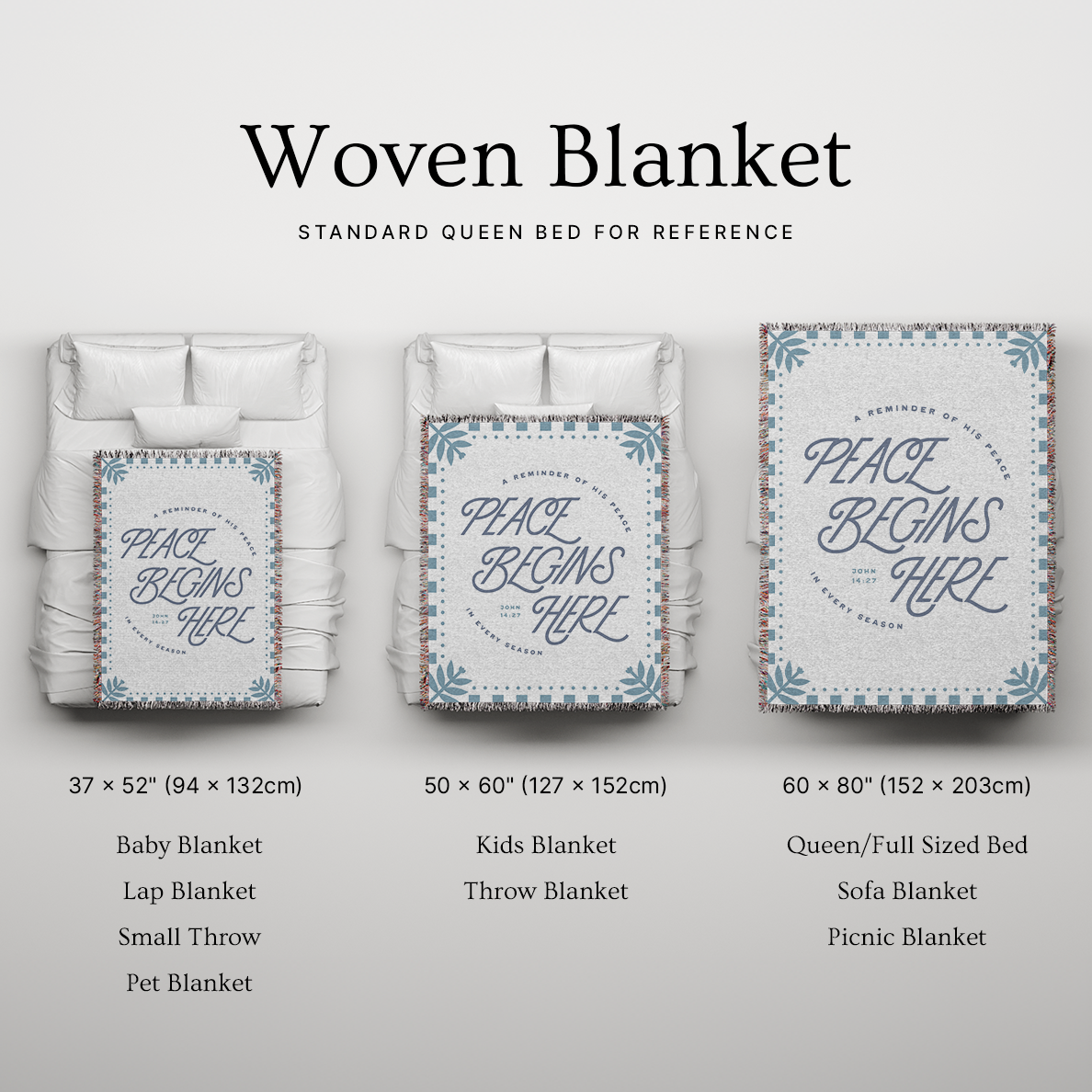 Woven blanket with text 'Peace Begins Here' displayed on a gray background with size references.
