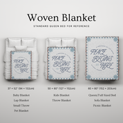 Woven blanket with text 'Peace Begins Here' displayed on a gray background with size references.