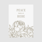 Decorative poster with floral design and 'Peace Dwells Here' text on a light gray background