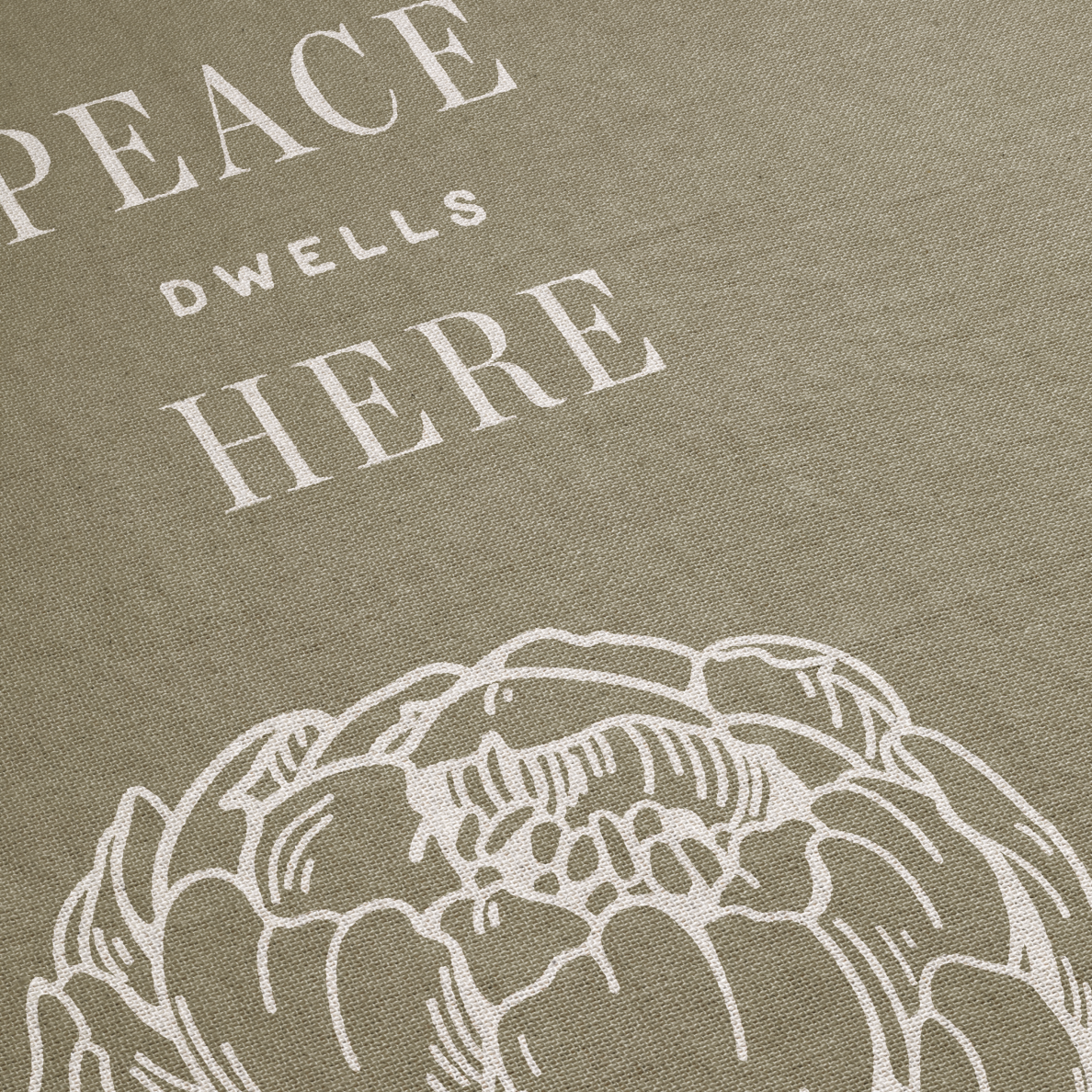 Text 'PEACE DWELLS HERE' with an artichoke illustration on a beige background