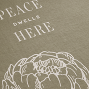 Text 'PEACE DWELLS HERE' with an artichoke illustration on a beige background