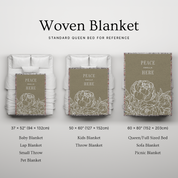 Woven blanket with 'Peace Swells Here' design on a white background, showing different sizes.