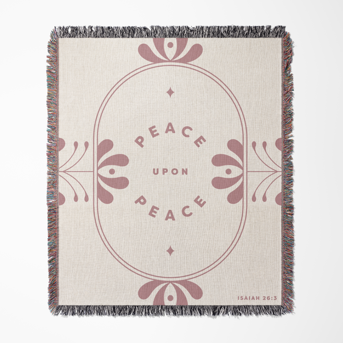 Blanket with 'Peace Upon Peace' text and decorative elements on a beige background