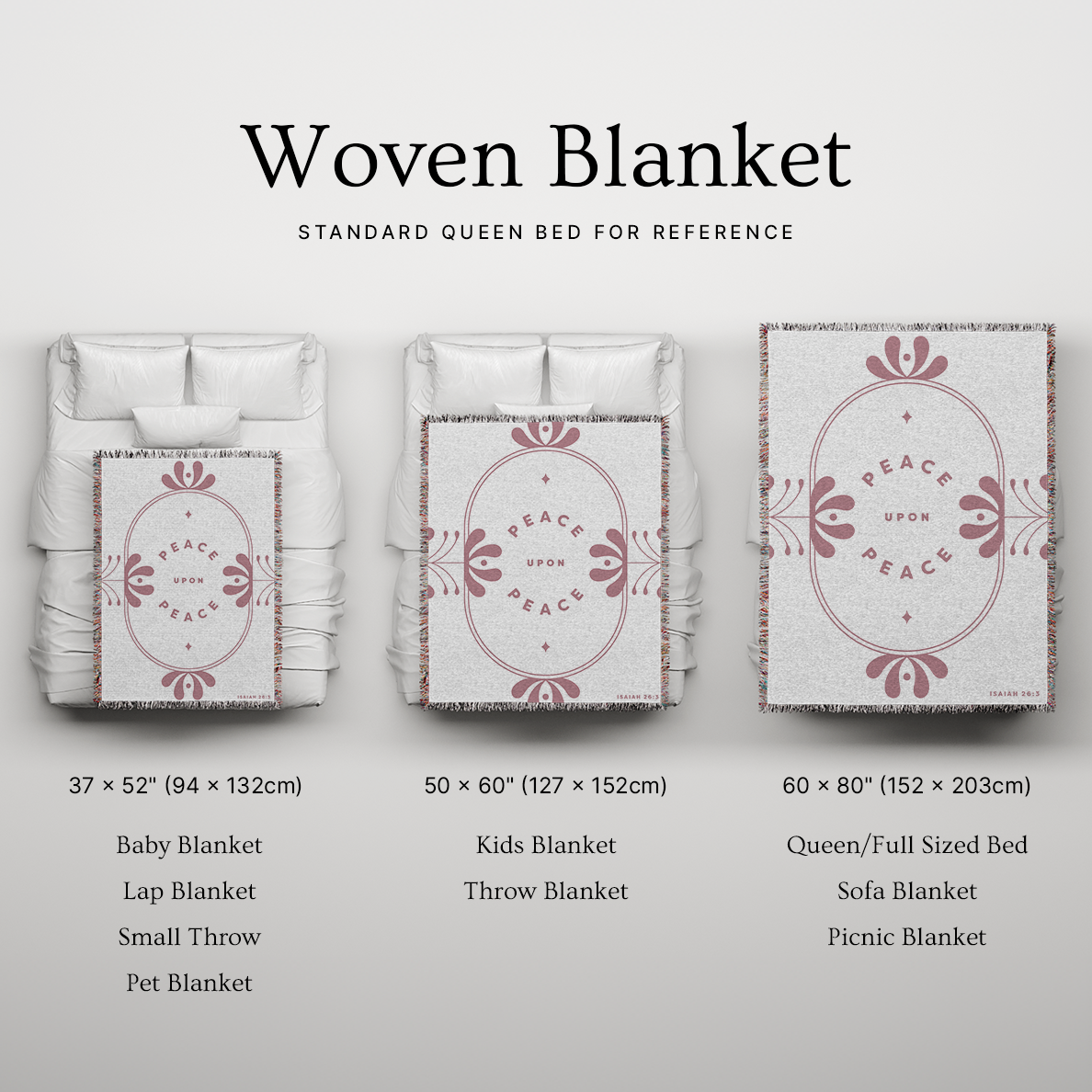 Woven blanket with decorative pattern on a white background, showing different sizes.