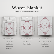 Woven blanket with decorative pattern on a white background, showing different sizes.