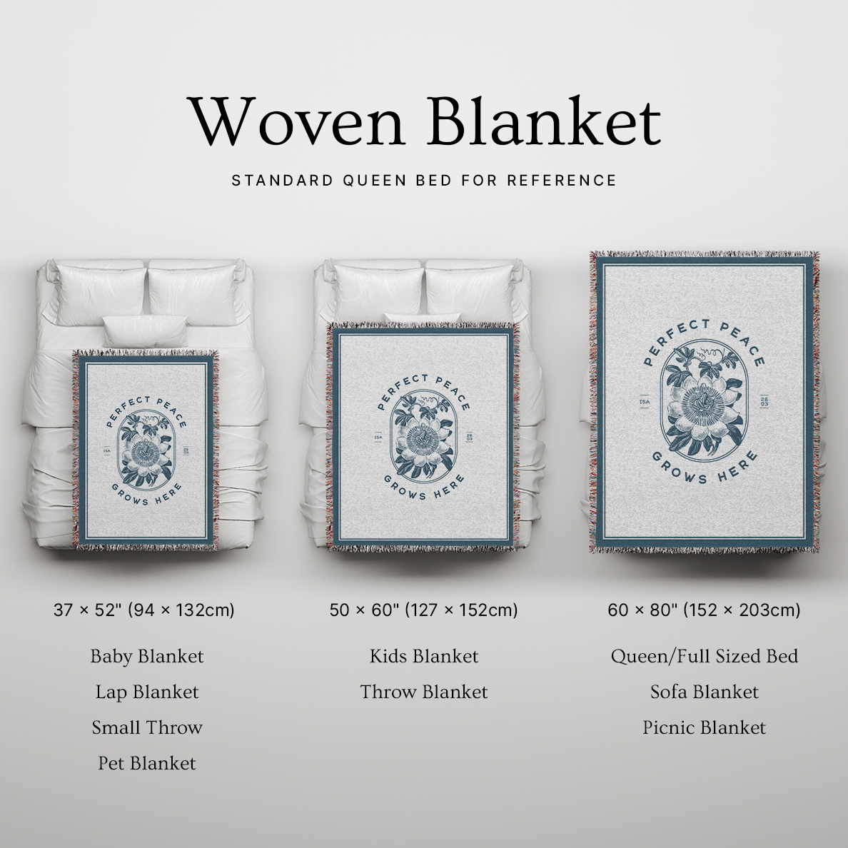 Woven blanket with size chart on a light gray background