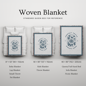 Woven blanket with size chart on a light gray background