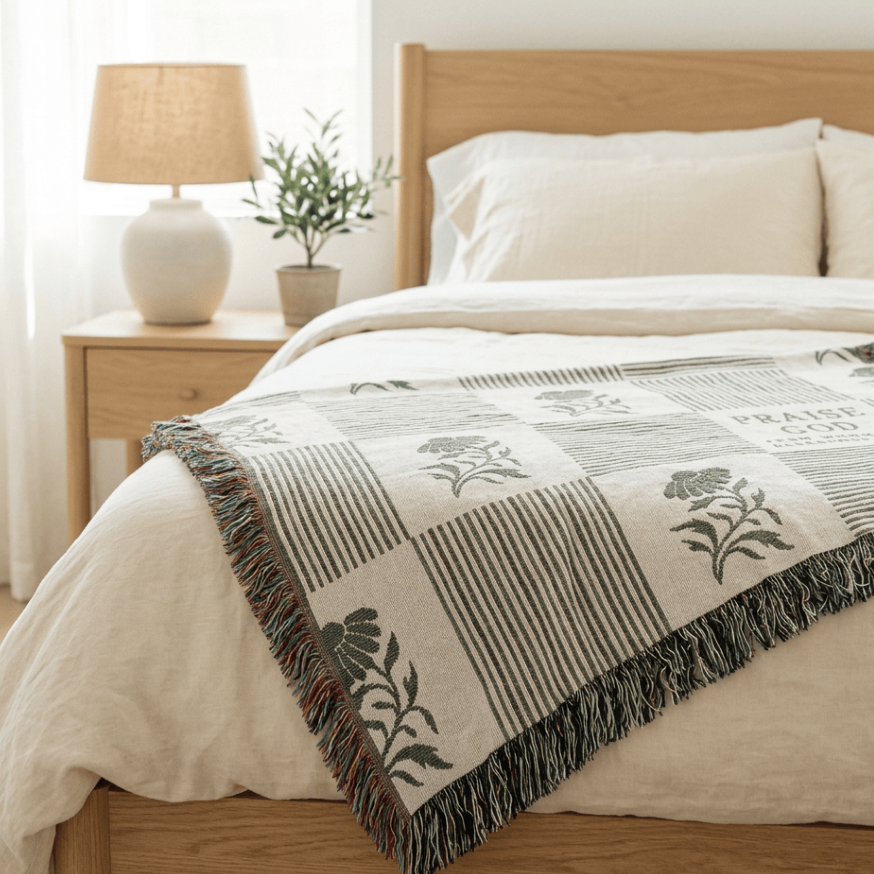 A woven throw blanket with a patchwork design of stripes, floral motifs, and fringe trim, styled on a light wood bed in a bright, modern bedroom.