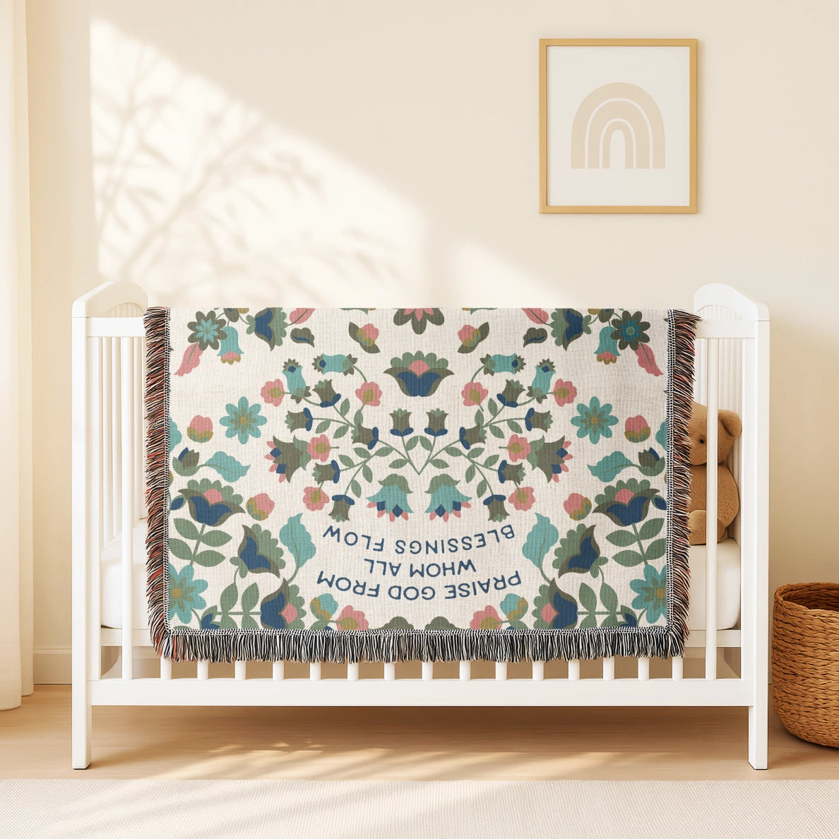 Christian throw blanket with garden-inspired folk art design and the phrase 'Praise God from whom all blessings flow' in soft cottage colors