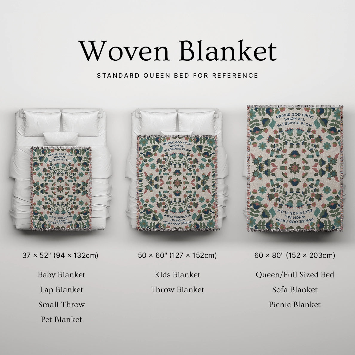 Christian throw blanket with garden-inspired folk art design and the phrase 'Praise God from whom all blessings flow' in soft cottage colors