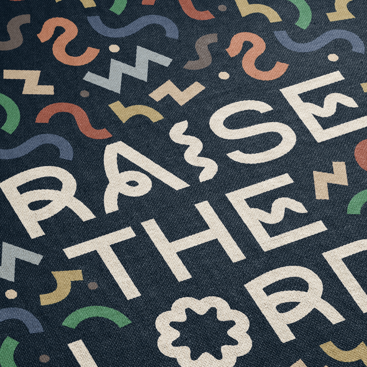 Text pattern with 'Raise the Roof' on a dark background with colorful shapes