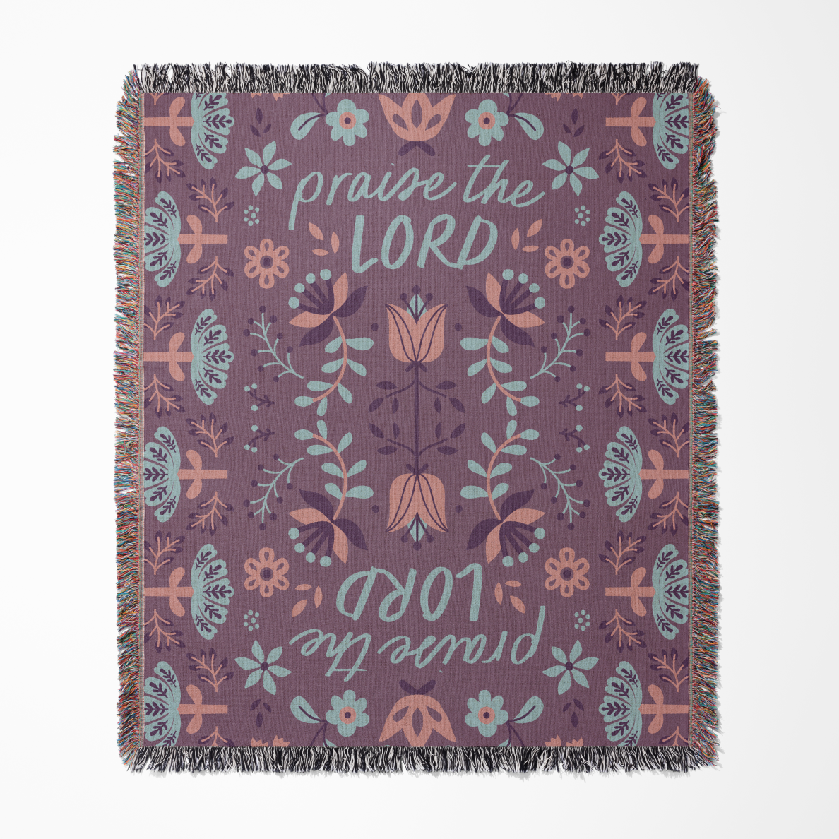 Floral patterned blanket with 'praise the LORD' text on a white background