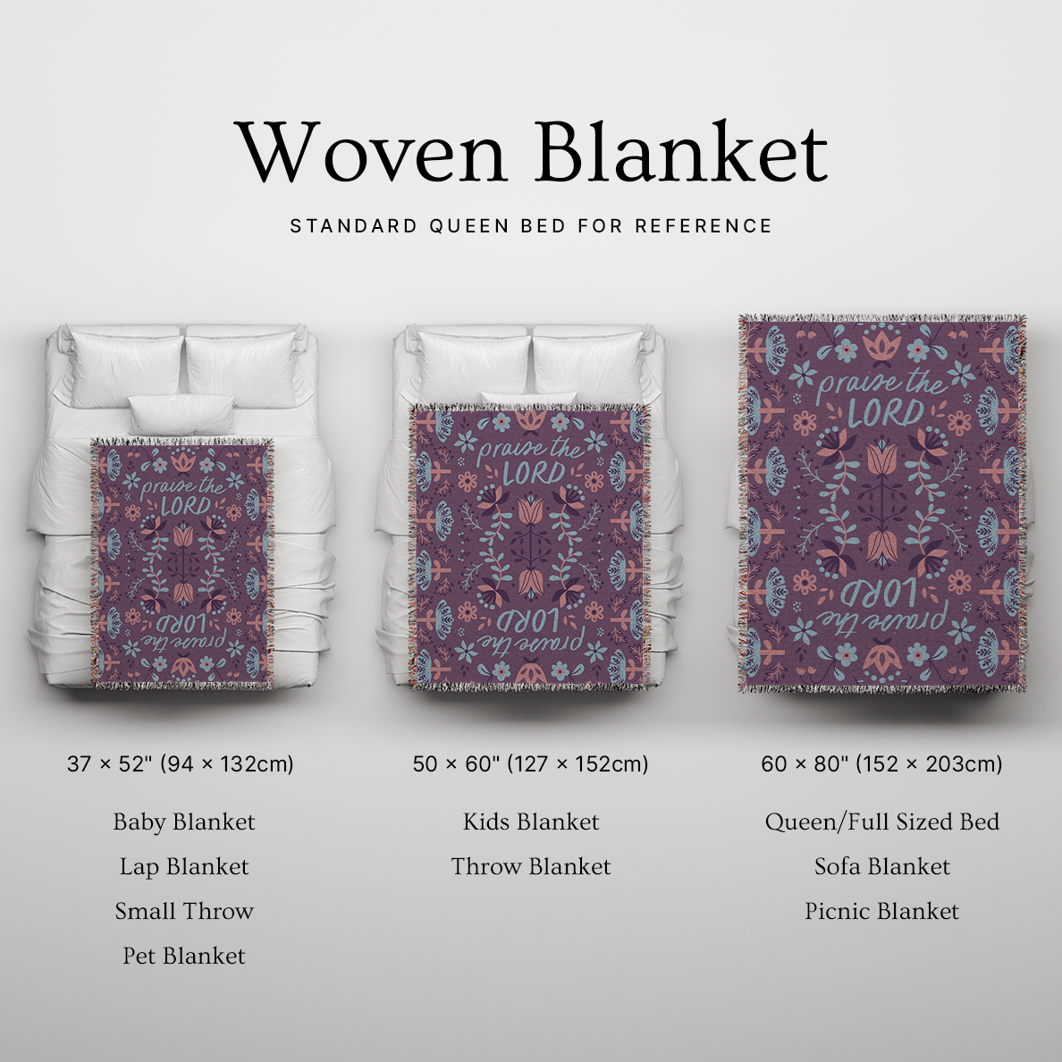 Woven blanket with different size options displayed on a bed for reference.