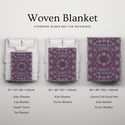 Woven blanket with different size options displayed on a bed for reference.