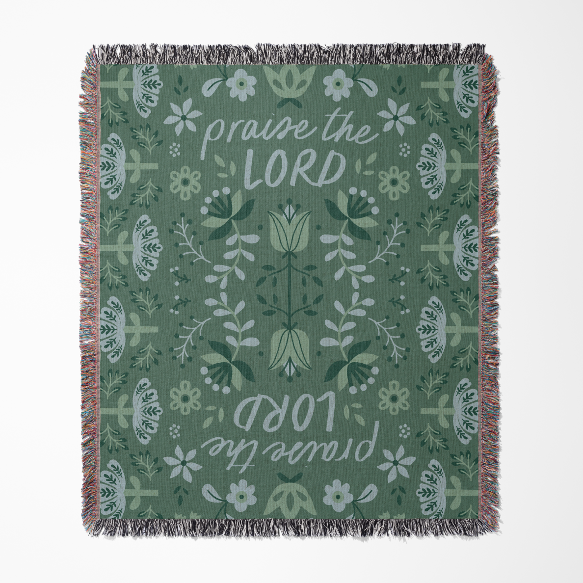 Green floral patterned blanket with 'praise the LORD' text on a white background