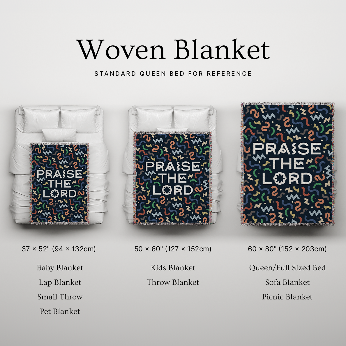 Woven blanket with 'Praise the Lord' text and colorful patterns displayed on a bed with size references.