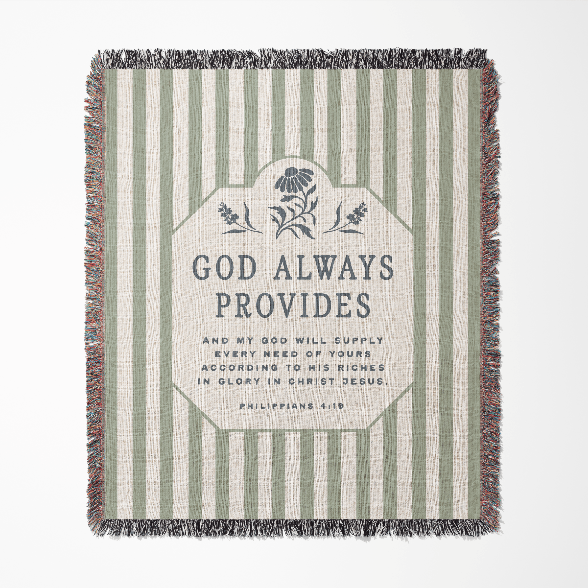 Striped blanket with text and floral design on a white background