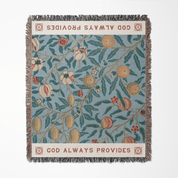 Decorative blanket with floral pattern and 'God Always Provides' text on a white background