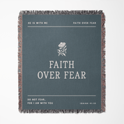 Gray blanket with 'Faith Over Fear' text and design on a white background