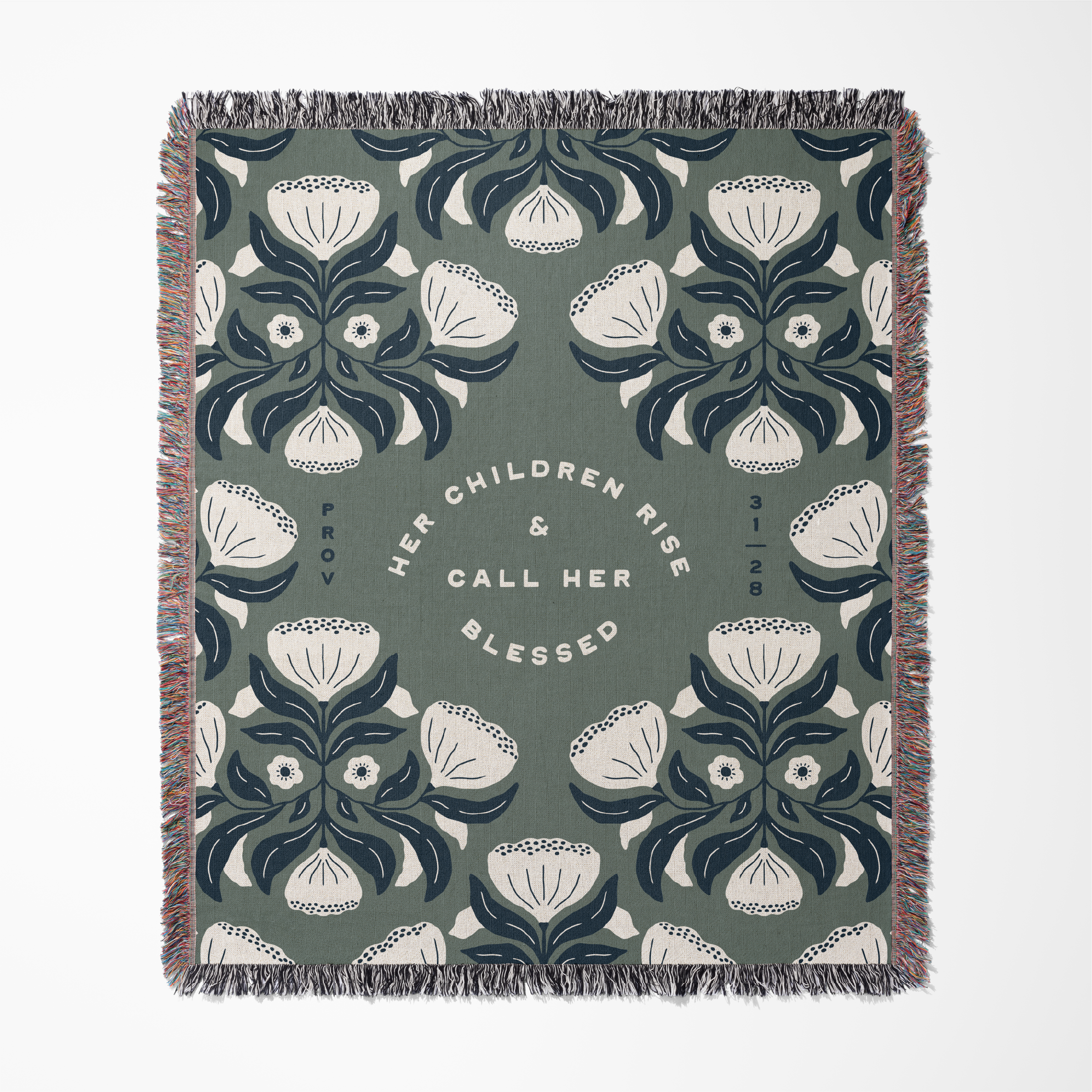 Decorative throw blanket with floral pattern and text on a white background