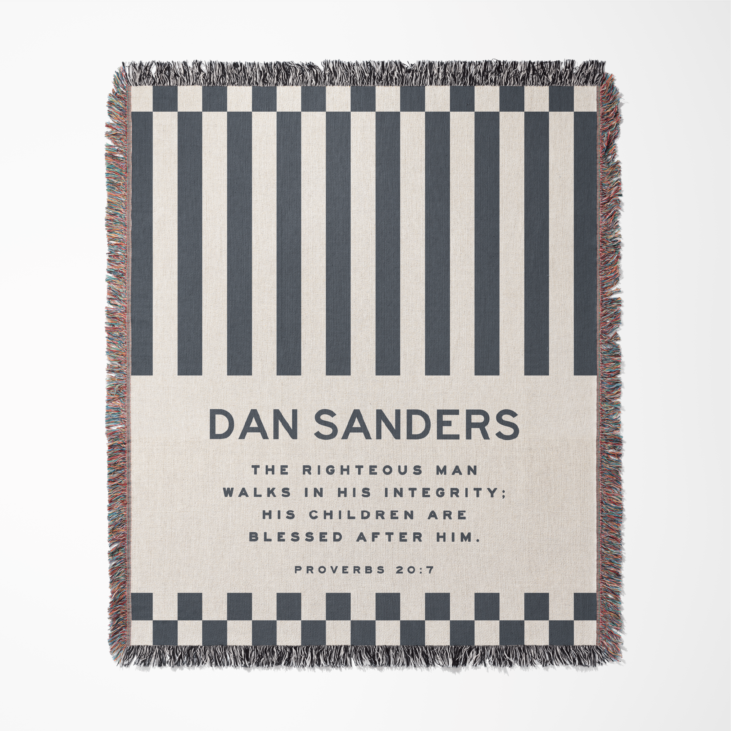 Striped blanket with text and design elements on a white background