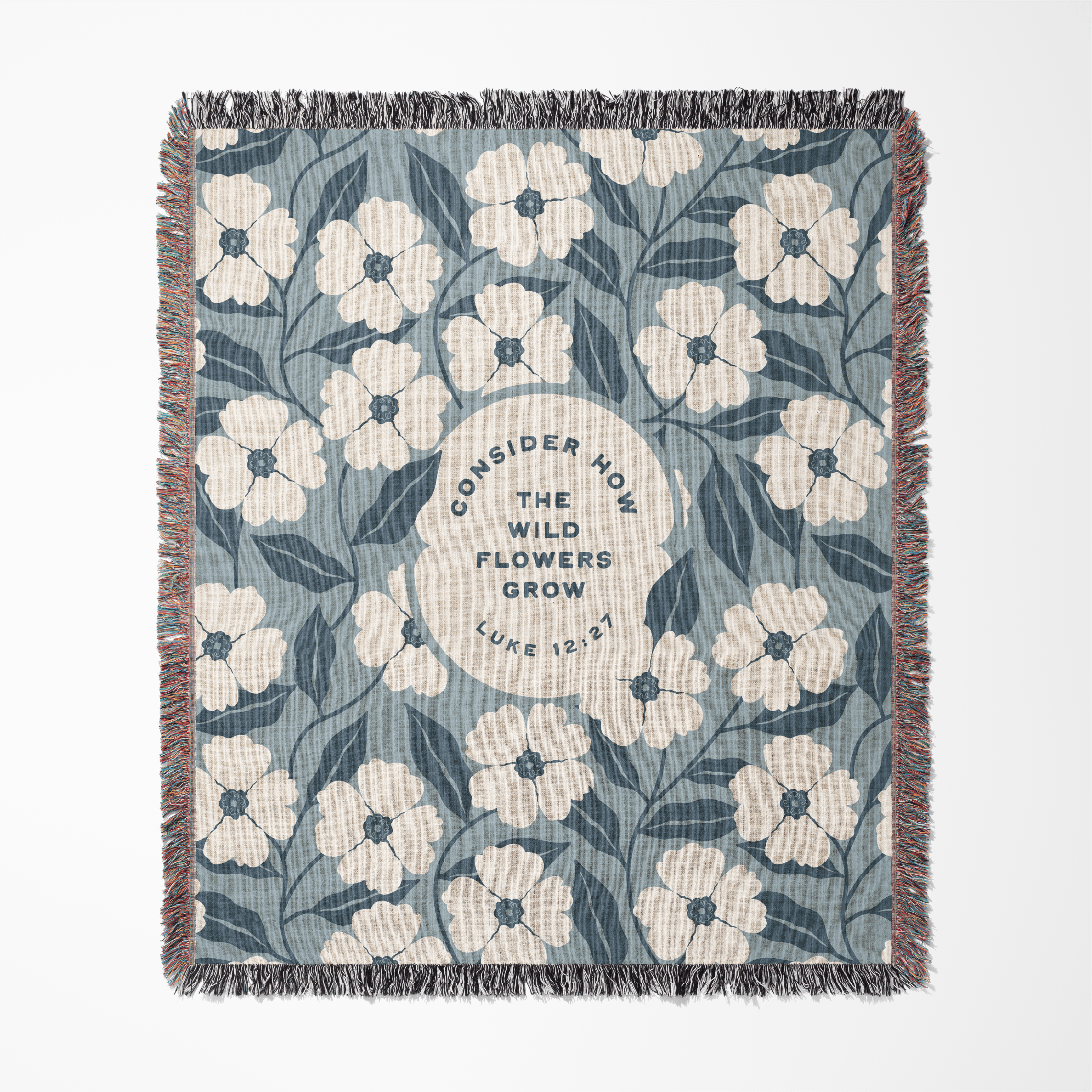 Floral patterned blanket with text on a white background