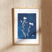Framed botanical print with blue floral design on a beige wall.