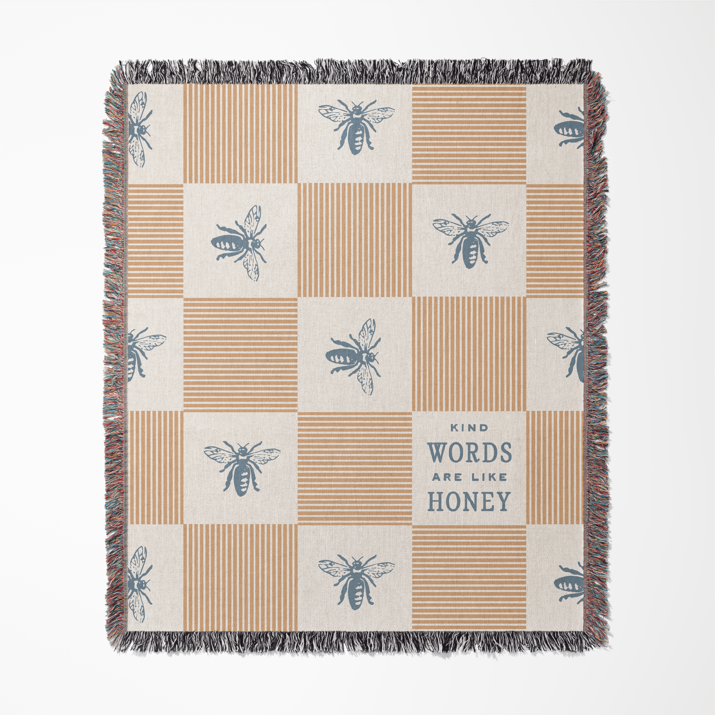 Checkered blanket with bee patterns and a central text block on a white background