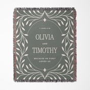 Blanket with decorative text and design on a gray background