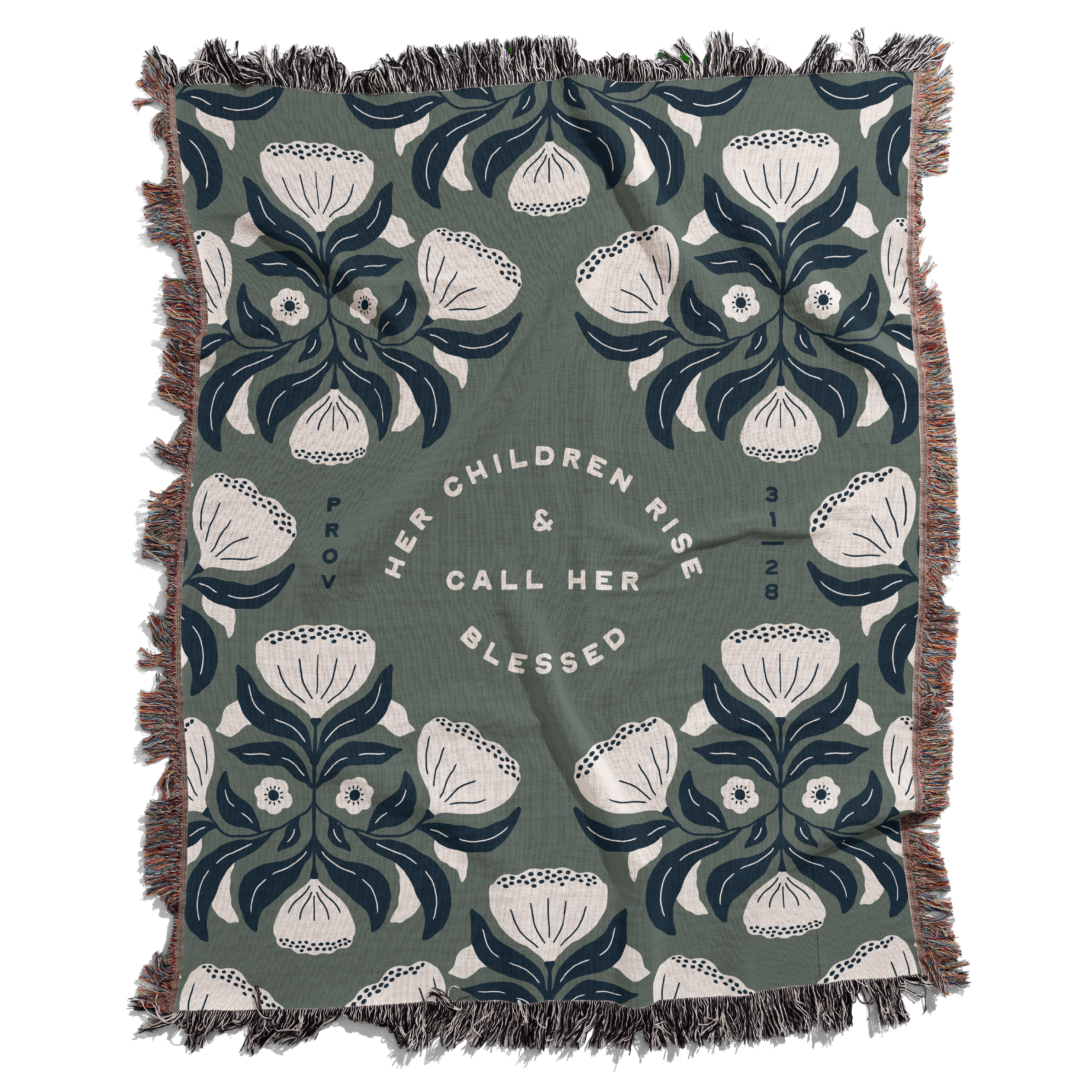 Decorative blanket with floral pattern and text on a green background